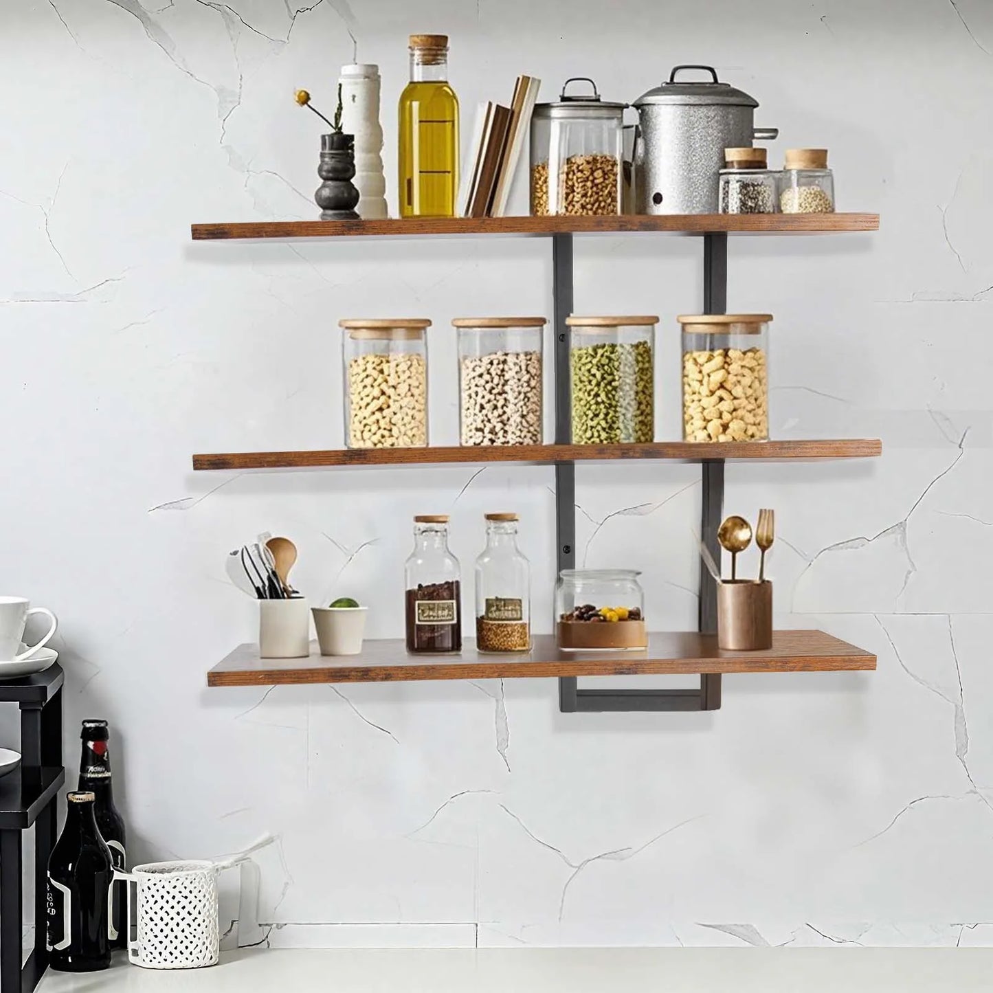 3-Tier Wall-Mounted Floating Shelves Wall Storage Adjustable Rack Wallmounted Display Stand Rustic Bath Bedroom Organizer Shelf Decor