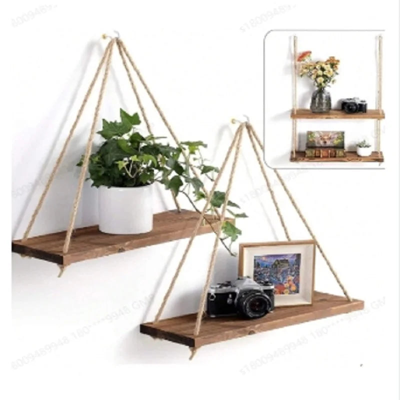 1/3pc Wood Swing Hanging Rope Wall Mounted Floating Shelves Home Living Room Wall Shelf Sundries Storage Outdoor Garden Decor