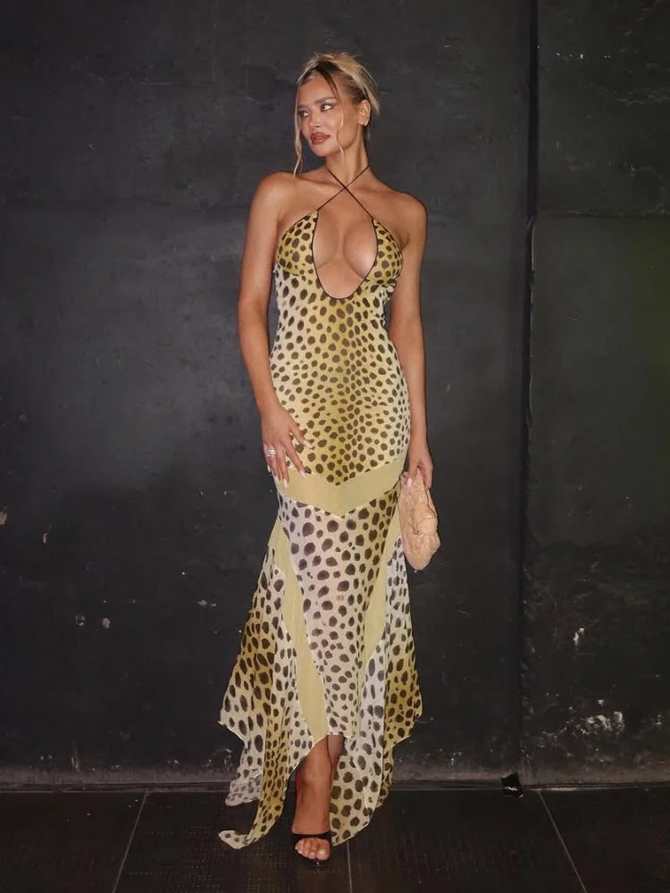Women's Leopard Print Long Maxi Dress Halter Neck Plunge Front Tiered Ruffle Mermaid Skirt Elegant Party Cocktail Daily Gowns
