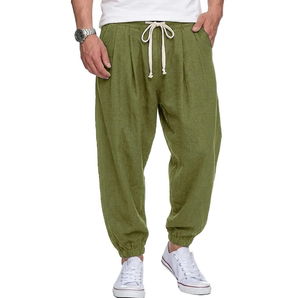 Mens Cotton Linen Trousers Casual Loose Fit Harem Pants Drawstring Bottoms for Spring Autumn Streetwear Joggers for Daily Wear