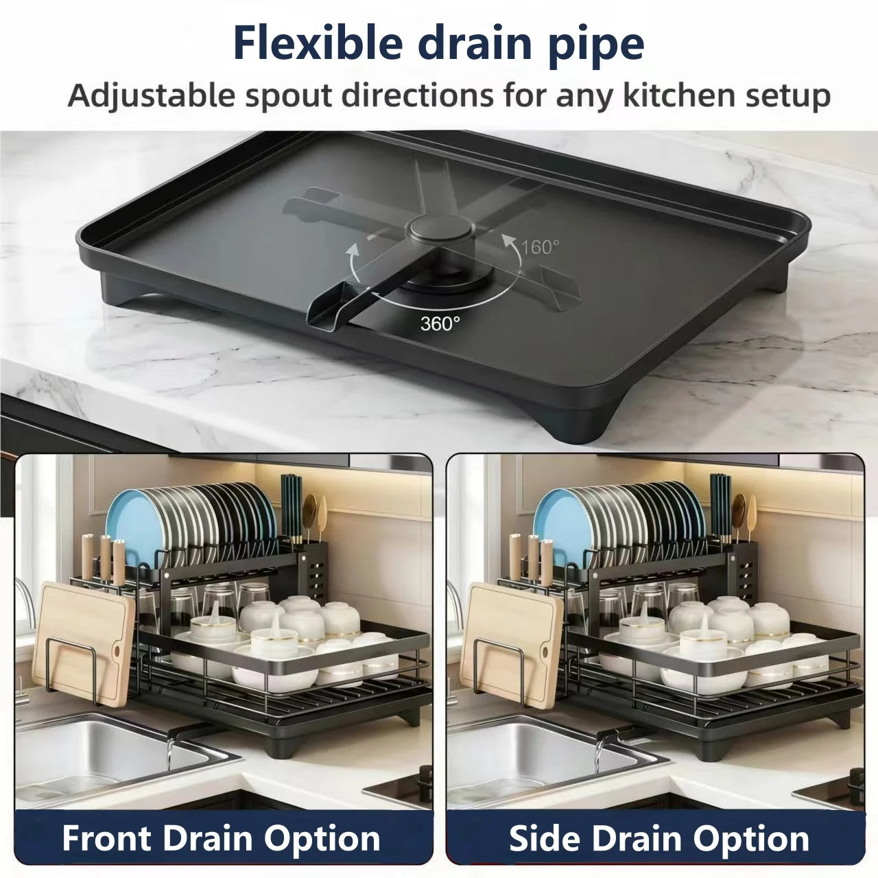 2-Tier Adjustable Kitchen Dish Drying Rack 360° Rotatable Drainage Tray Multi-Directional Spout Rust-Resistant Organizer