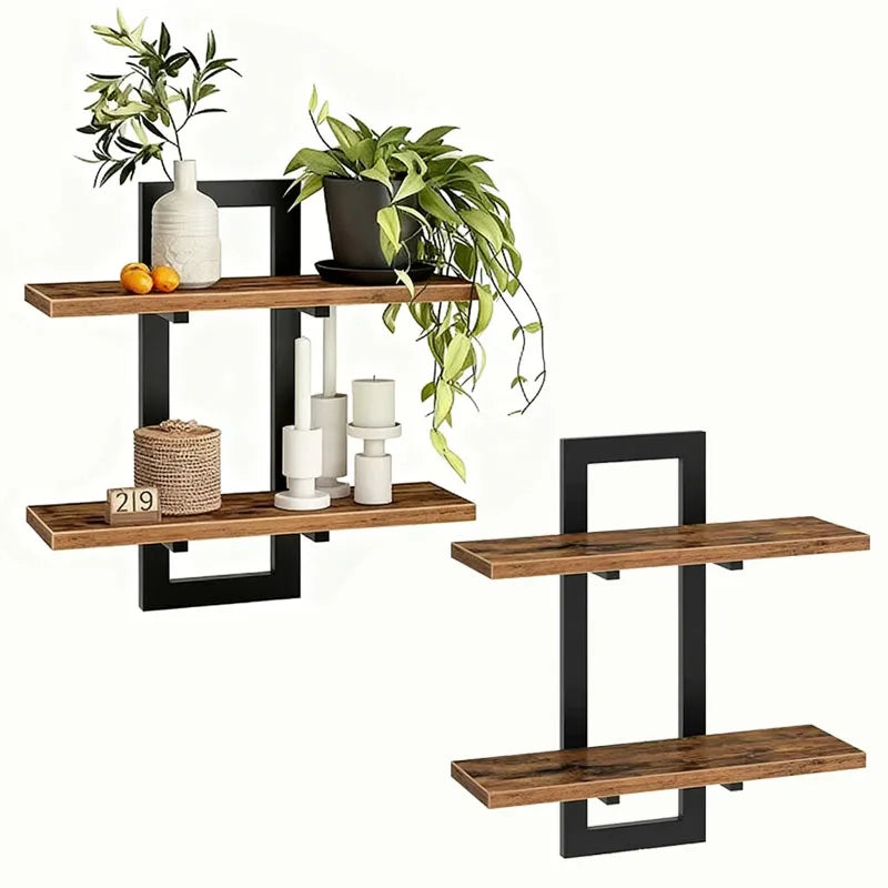 2 Tier Rustic Wood Floating Shelves With Sturdy Metal Frame Wall Shelf Organizer Rack For Living Room Bedroom Kitchen Bathroom