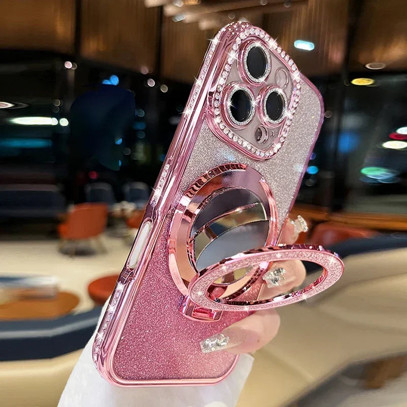 Luxury Jewelled Case For iPhone 16 11 12 13 14 15 Pro Max Glitter Mirror Bracket Bumper Cover