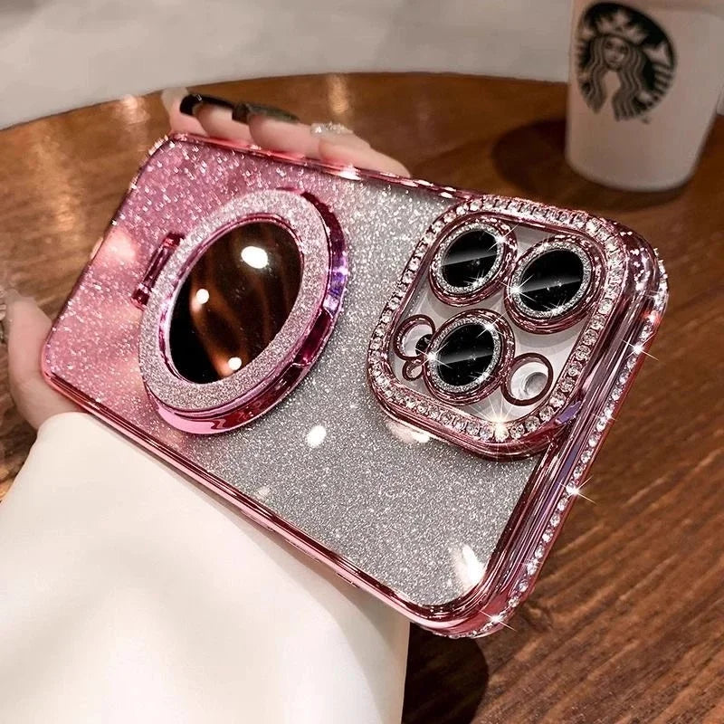 Luxury Jewelled Case For iPhone 16 11 12 13 14 15 Pro Max Glitter Mirror Bracket Bumper Cover