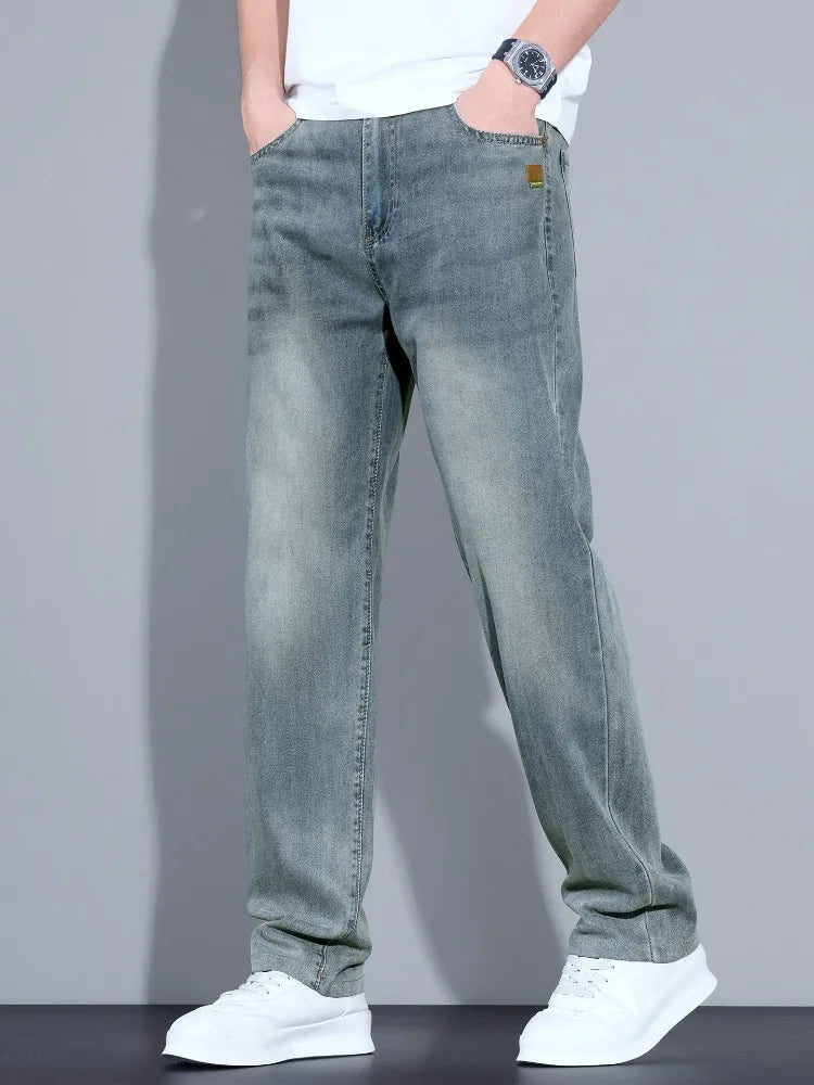 Lyocell Ice Silk Jeans Men's Fashion Korean Ultra-Thin Denim Pants Soft Drape Comfortable Business Straight Casual Trousers