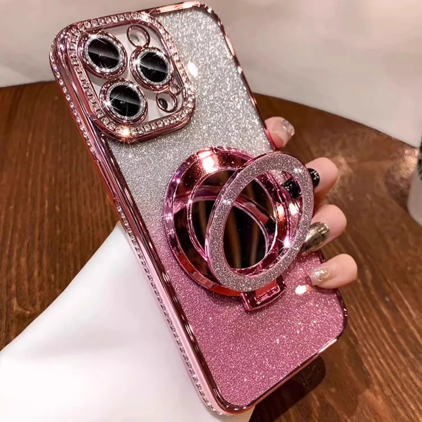 Luxury Jewelled Case For iPhone 16 11 12 13 14 15 Pro Max Glitter Mirror Bracket Bumper Cover