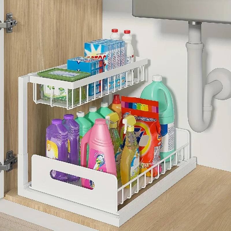 2-Tier Sliding Under Sink Organizer - Rustproof Metal Cabinet Storage for Kitchen and Bathroom Cleaning Supplies and Essentials