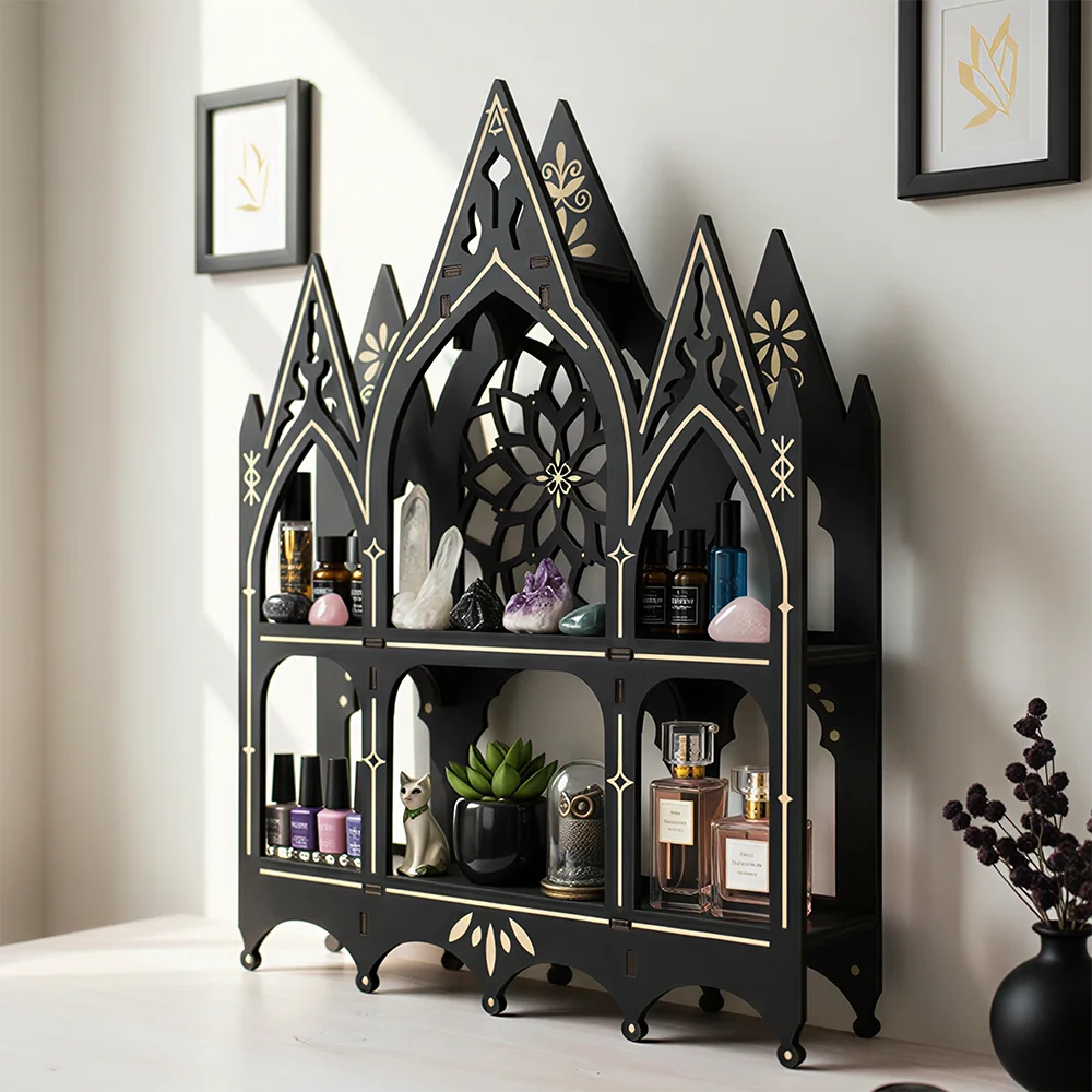 Wall Mounted Floating Shelves, Wooden Gothic Church Crystal Display Shelf,Gothic Home Decor, Boho Living Room Accessories