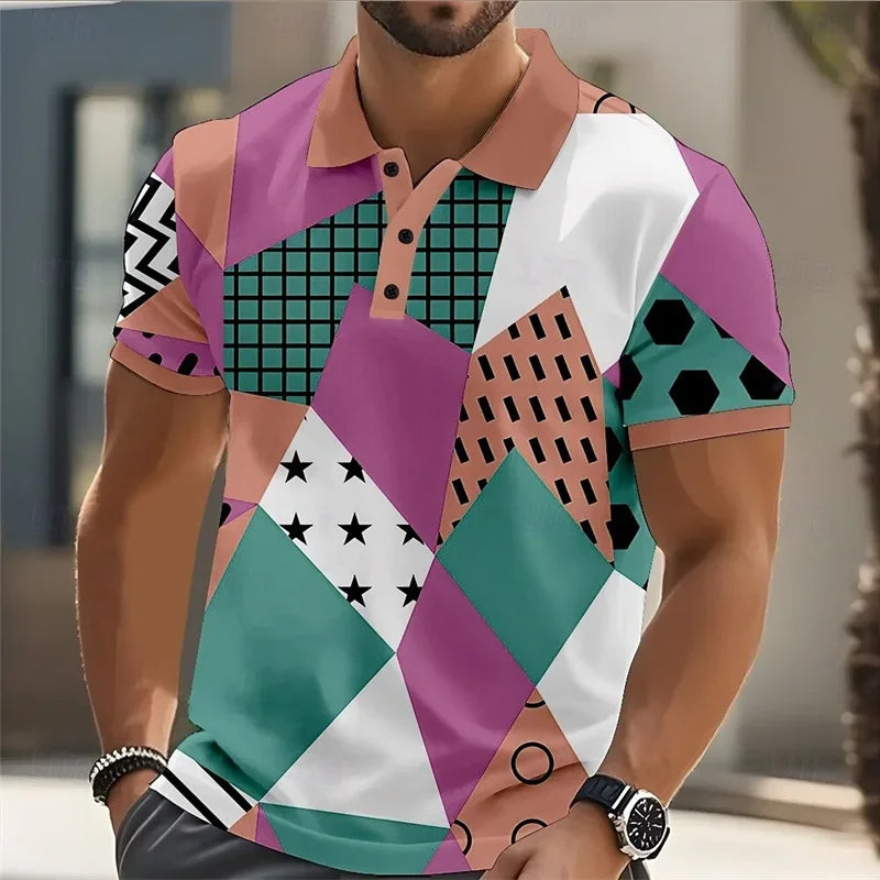 Fashionable summer short-sleeved men's polo shirt with 3d printed stripes, men's lapel, high-quality men's shirt, casual wear