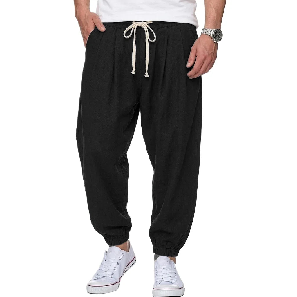 Mens Cotton Linen Trousers Casual Loose Fit Harem Pants Drawstring Bottoms for Spring Autumn Streetwear Joggers for Daily Wear