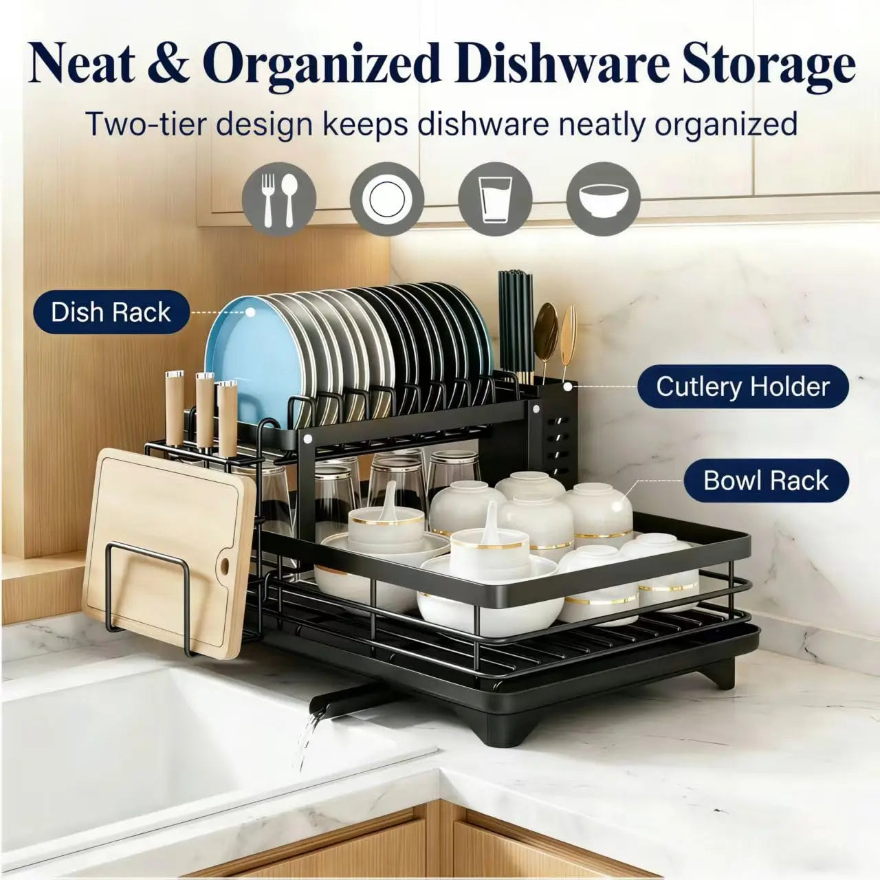 2-Tier Adjustable Kitchen Dish Drying Rack 360° Rotatable Drainage Tray Multi-Directional Spout Rust-Resistant Organizer