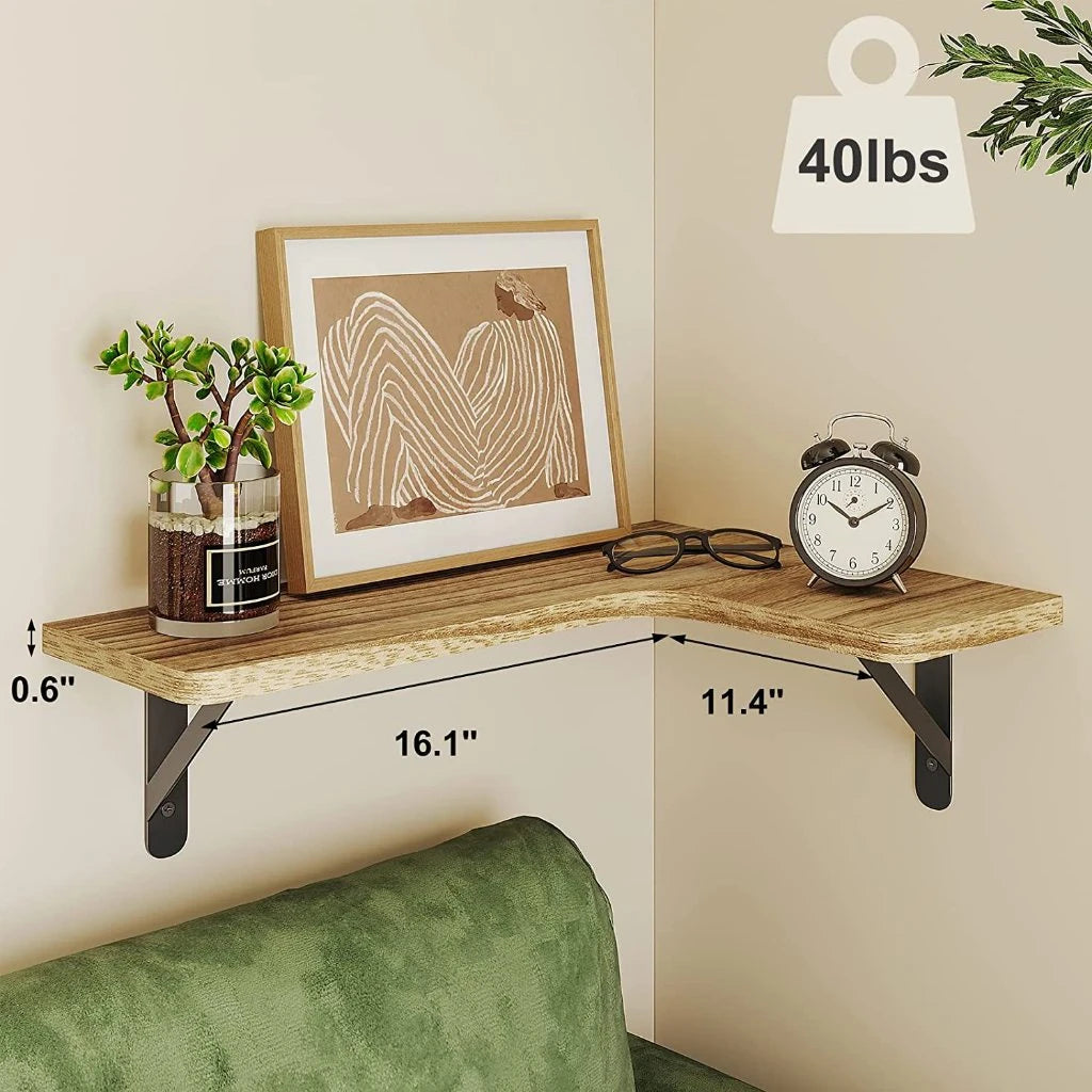 L-Shaped Floating Corner Wall Shelf Paulownia Wood Bathroom Kitchen Storage Rack 41x29x1.5cm