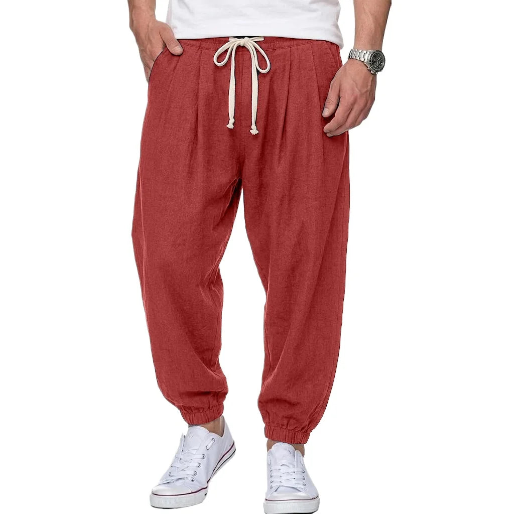 Mens Cotton Linen Trousers Casual Loose Fit Harem Pants Drawstring Bottoms for Spring Autumn Streetwear Joggers for Daily Wear