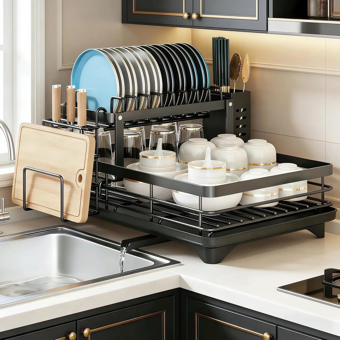 2-Tier Adjustable Kitchen Dish Drying Rack 360° Rotatable Drainage Tray Multi-Directional Spout Rust-Resistant Organizer