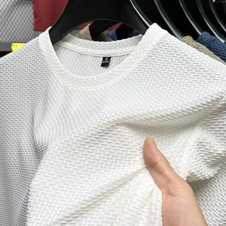 Summer Mesh Ice Silk T-shirt Men's Short Sleeve Round Neck 2026 New Half Sleeve Men Thin Solid Color Tees Top