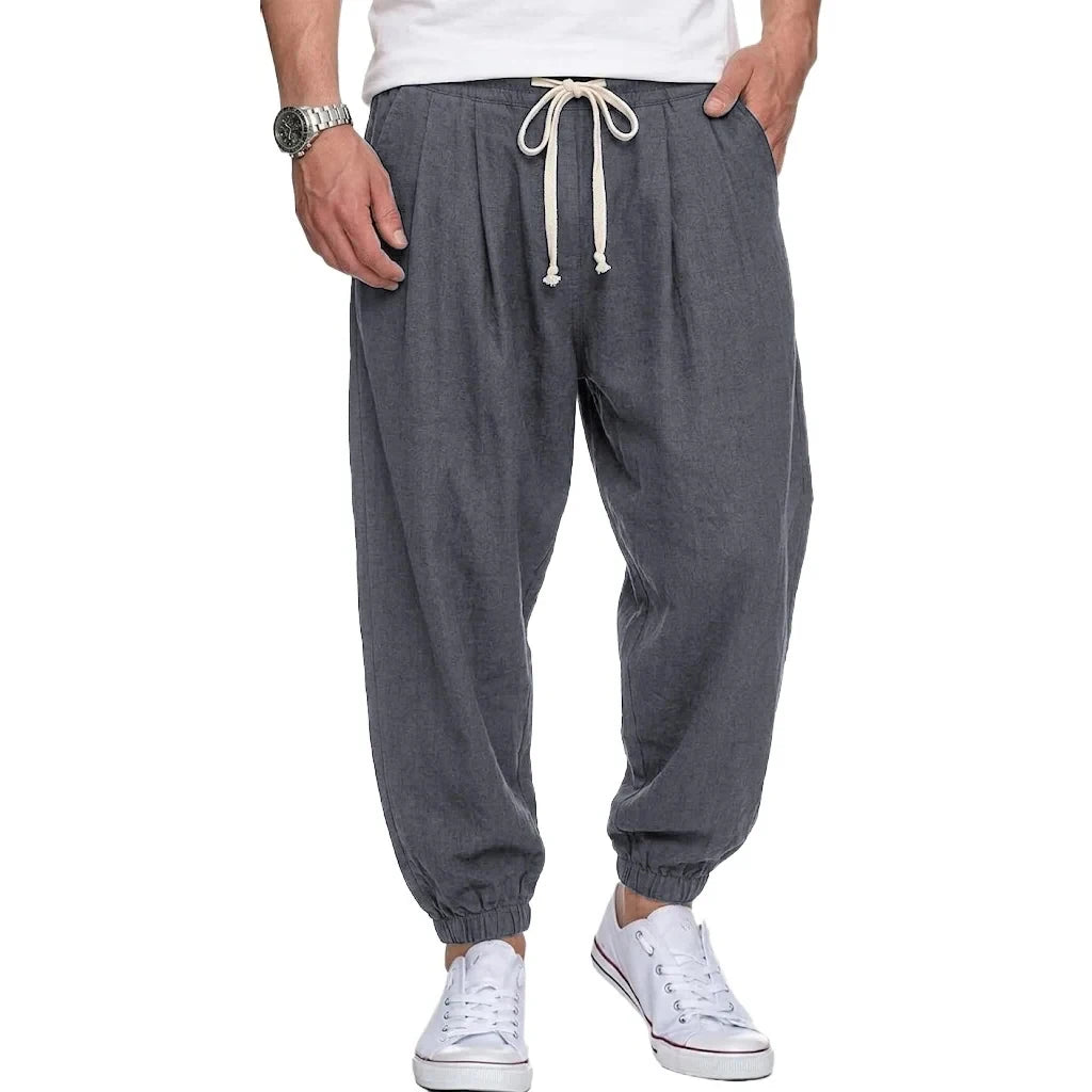 Mens Cotton Linen Trousers Casual Loose Fit Harem Pants Drawstring Bottoms for Spring Autumn Streetwear Joggers for Daily Wear