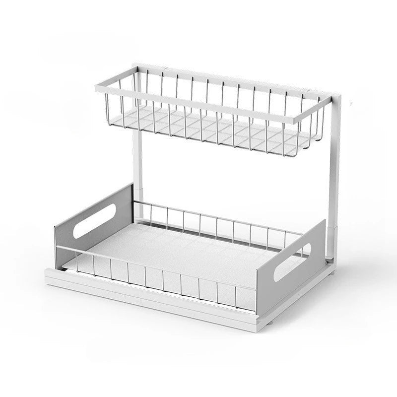 2-Tier Sliding Under Sink Organizer - Rustproof Metal Cabinet Storage for Kitchen and Bathroom Cleaning Supplies and Essentials
