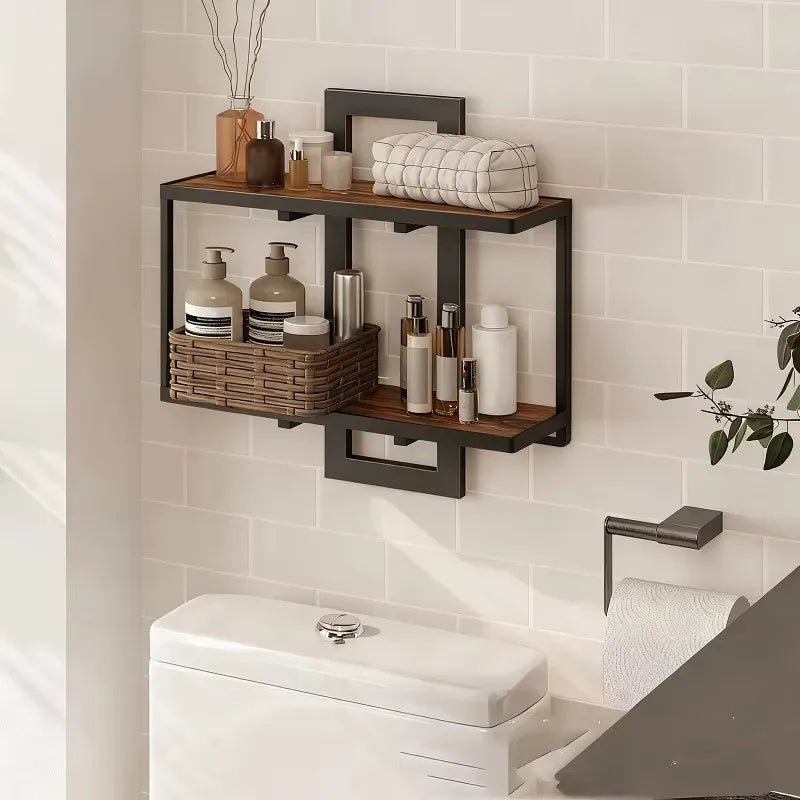 2 Tier Rustic Wood Floating Shelves With Sturdy Metal Frame Wall Shelf Organizer Rack For Living Room Bedroom Kitchen Bathroom