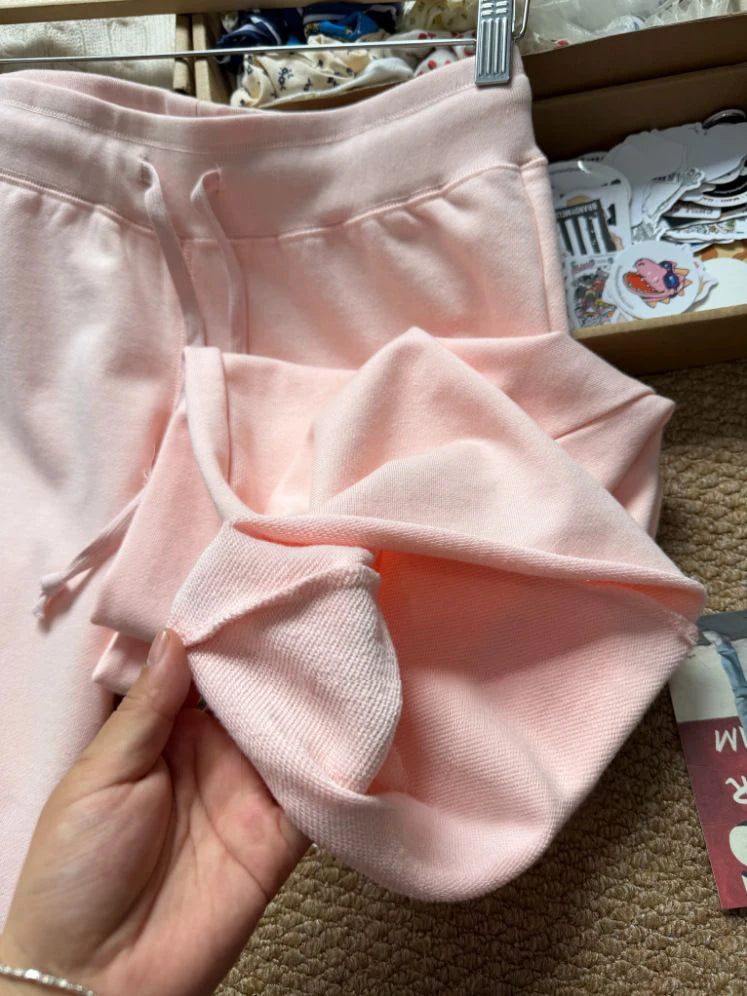 New Light Pink Drawstring Sweatpant Woman Spring Raw Hem Low Waist Straight Long Pants Casual All-match Cotton Sport Trousers