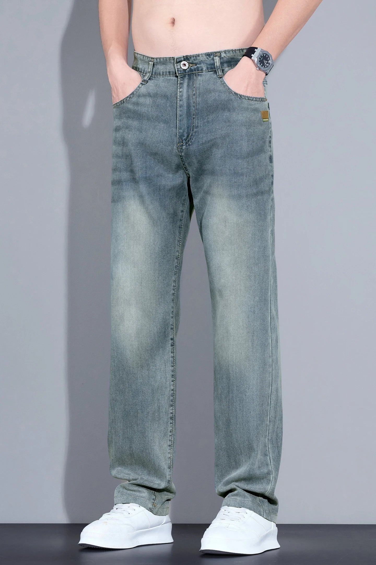 Lyocell Ice Silk Jeans Men's Fashion Korean Ultra-Thin Denim Pants Soft Drape Comfortable Business Straight Casual Trousers