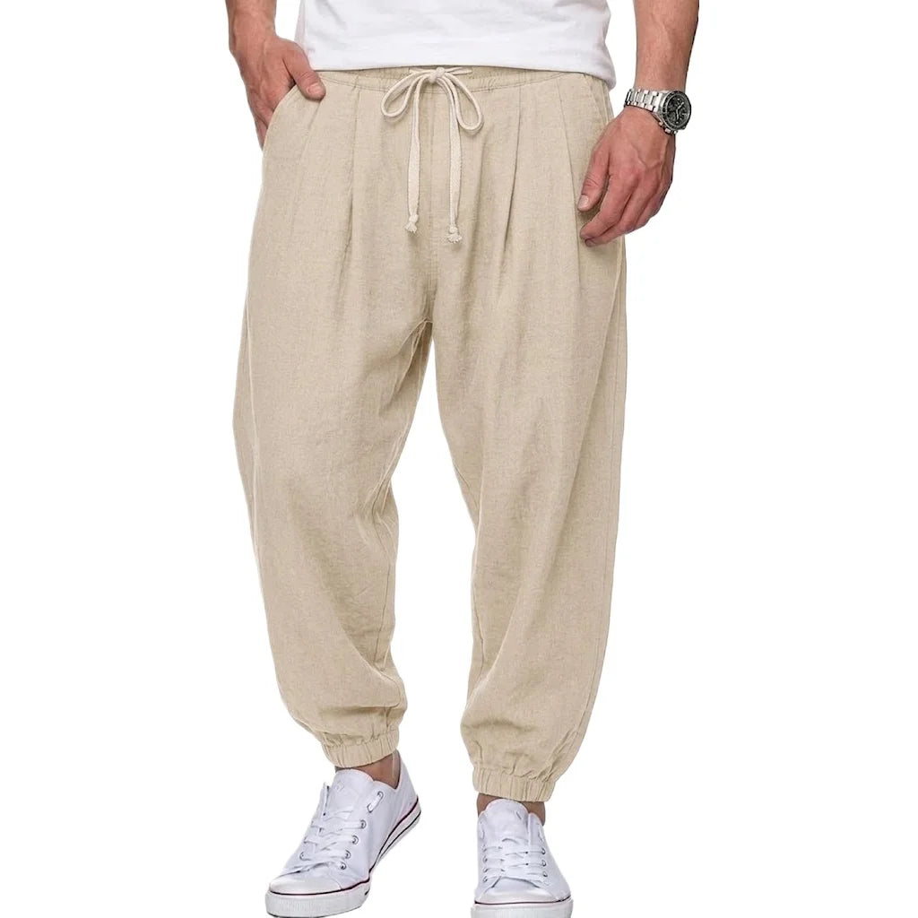 Mens Cotton Linen Trousers Casual Loose Fit Harem Pants Drawstring Bottoms for Spring Autumn Streetwear Joggers for Daily Wear
