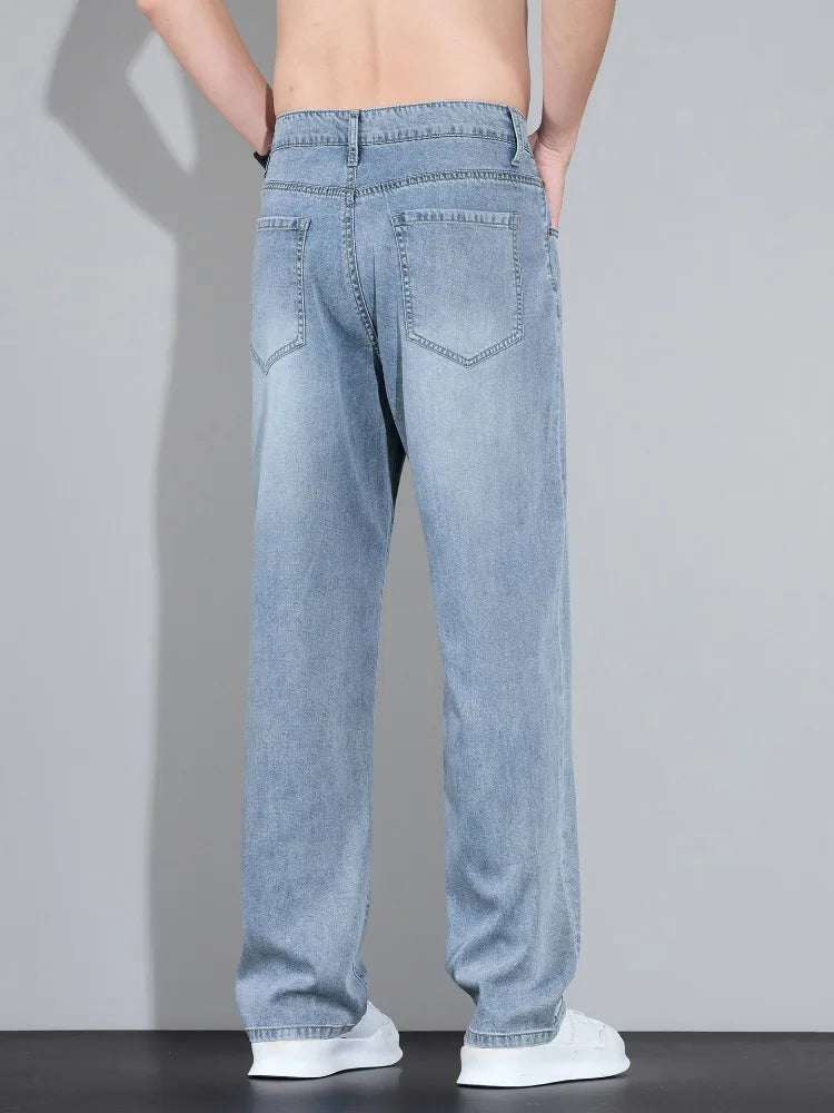 Lyocell Ice Silk Jeans Men's Fashion Korean Ultra-Thin Denim Pants Soft Drape Comfortable Business Straight Casual Trousers
