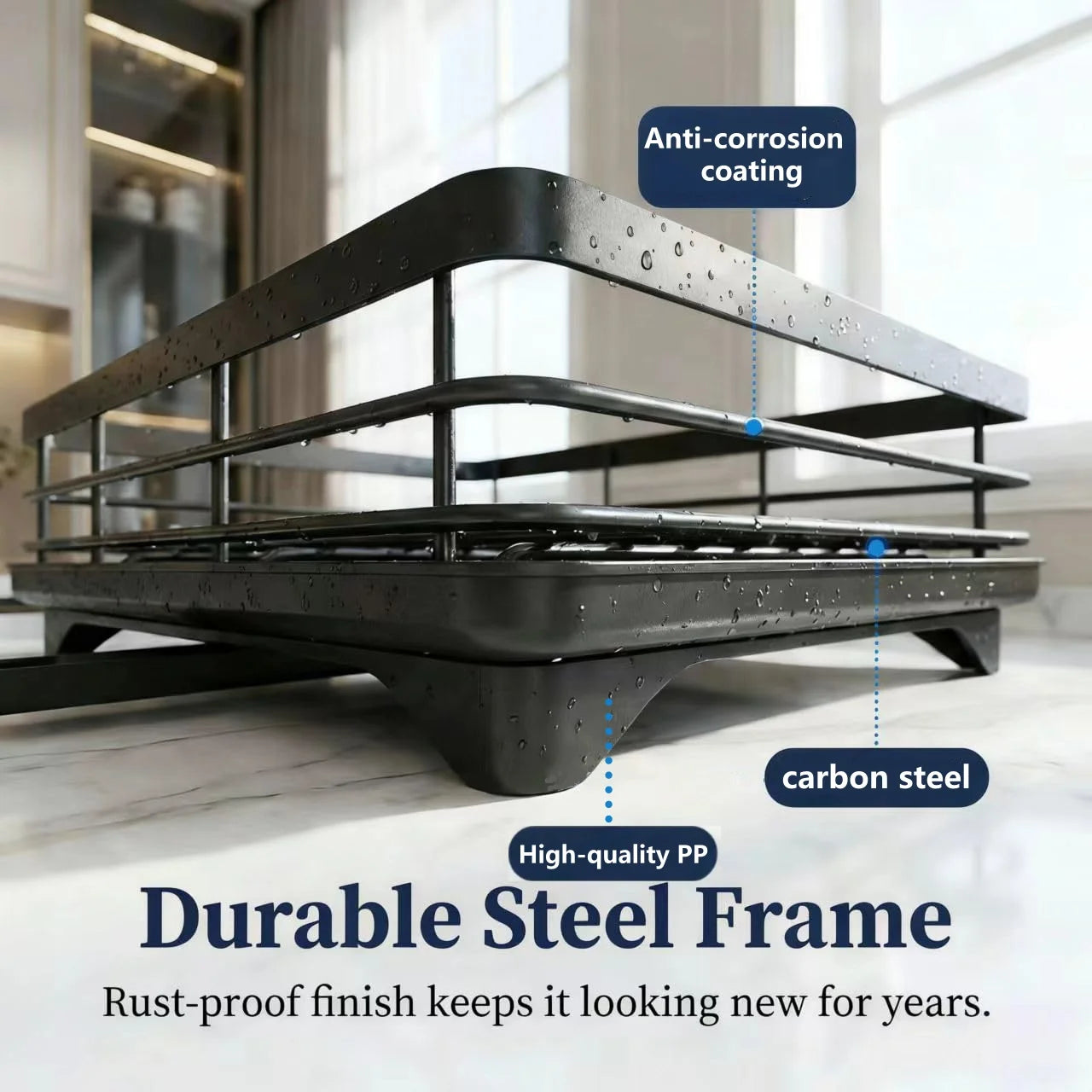 2-Tier Adjustable Kitchen Dish Drying Rack 360° Rotatable Drainage Tray Multi-Directional Spout Rust-Resistant Organizer
