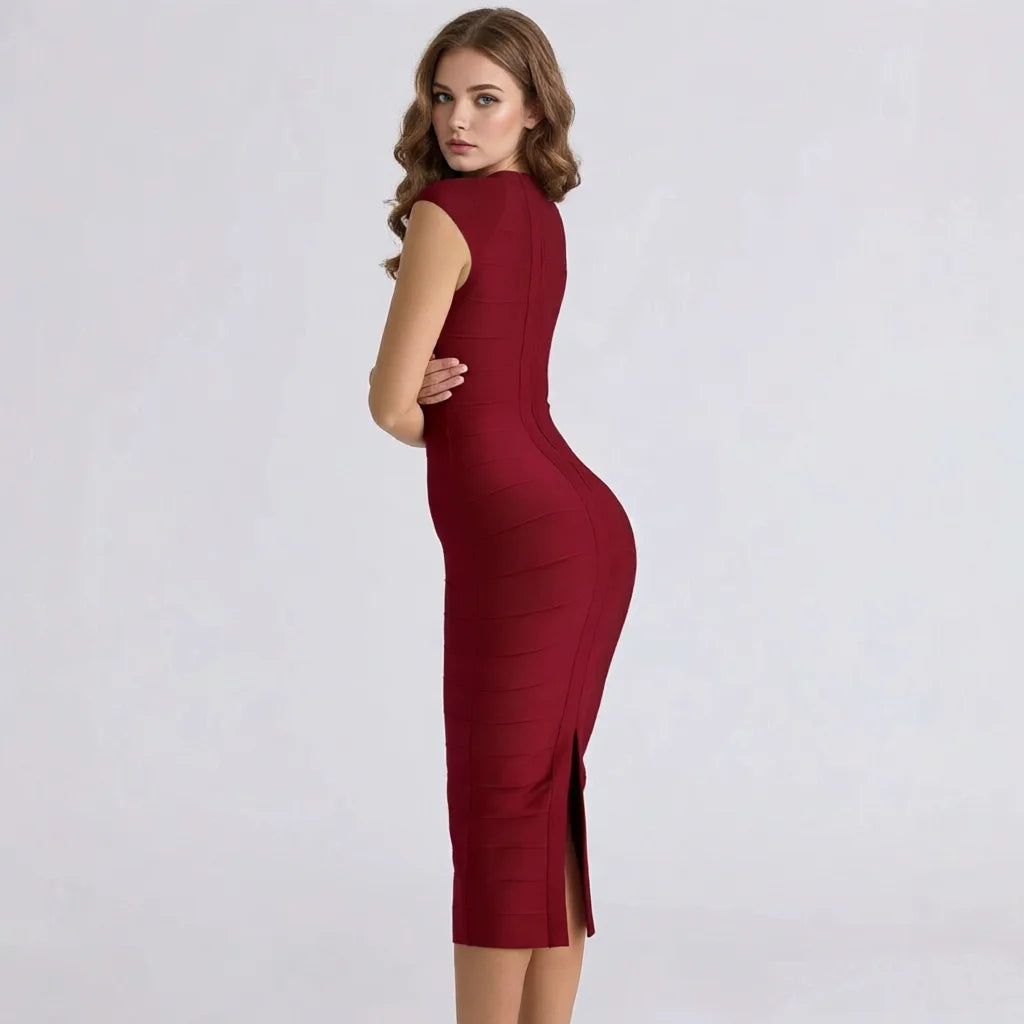 BEAUKEY Luxury Sexy Plunge V Bandage Long Dress Women Striped Bodyocn Party Celebrity Evening Dress Elastic Knitted Vestidos