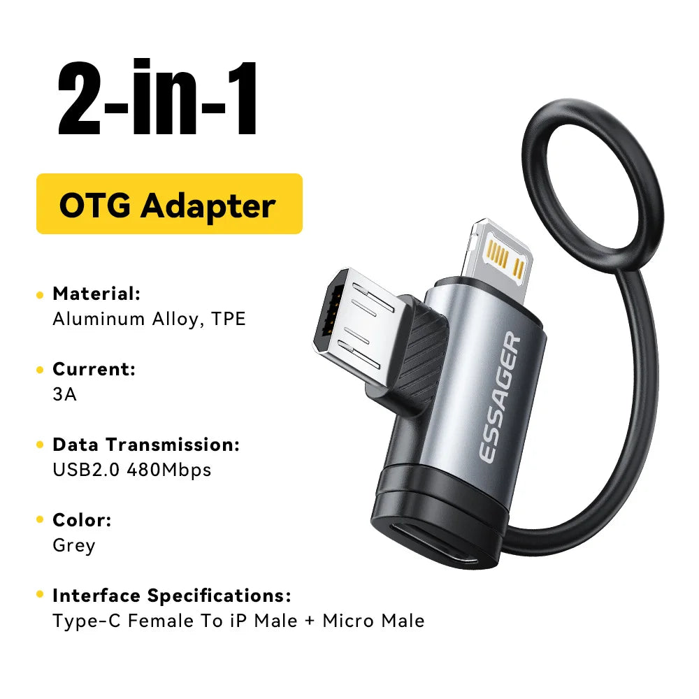 Essager 2 IN 1 Lighting/Micro Adapter Fast Charging USB Type C Female Connector For iPhone 17 16 15 14 13 12 11 IPad Converter