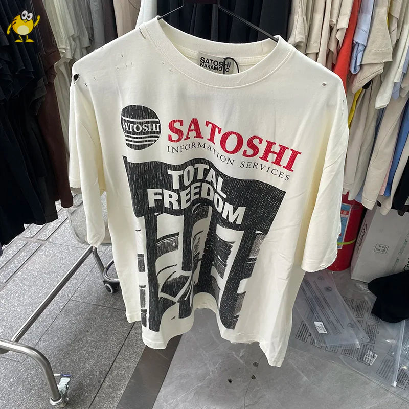 New Satoshi Nakamoto T Shirt Men Woman Fashion Crewneck Washed Damaged Hole Old Graffiti Top Tee Print Short Sleeve Streetwear