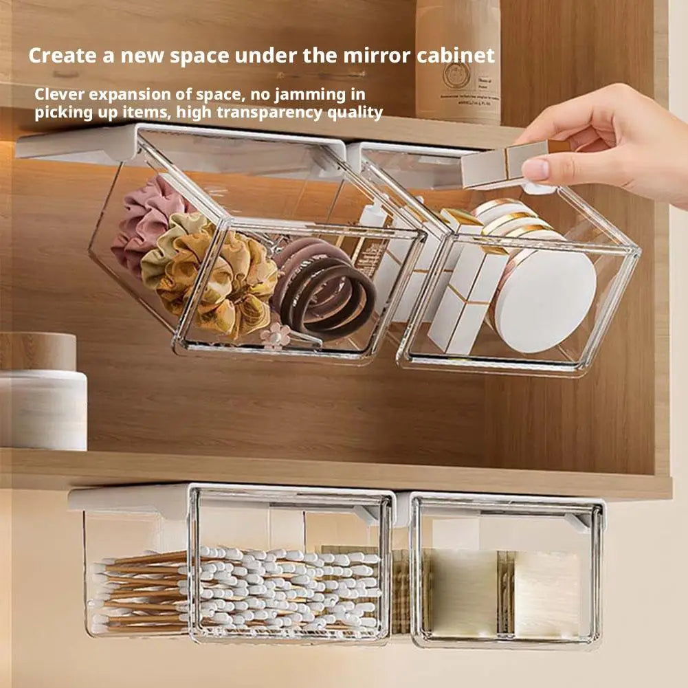 Plastic Drawer Style Storage Box Self Adhesive Large Capacity Makeup Storage Container Transparent Space Saving 