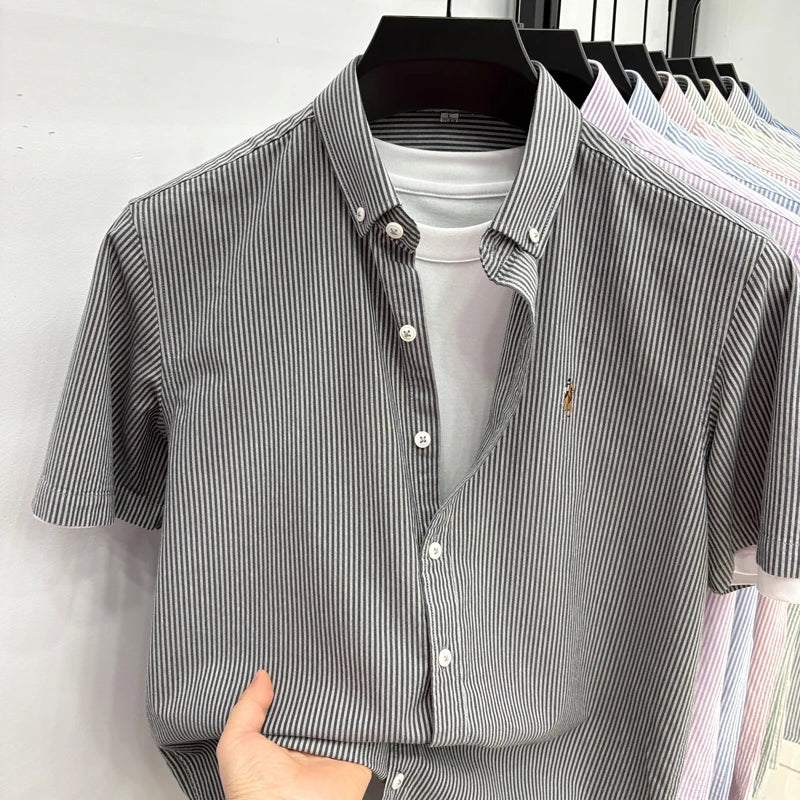 High End Brand Embroidered Striped Shirt Men's Short Sleeved Lapel Business Breathable Shirt Summer New Pure Cotton Jacket