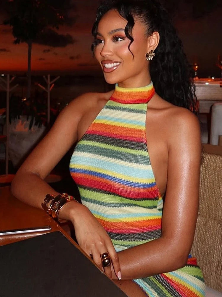 Kliou Stripe Patchwork Mini Dress Woman Bandage Halter Off Shoulder Backless Skinny Peach Hip Hot Girls Street Fashion Bodycon