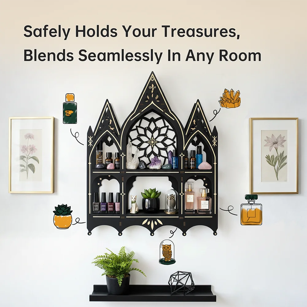 Wall Mounted Floating Shelves, Wooden Gothic Church Crystal Display Shelf,Gothic Home Decor, Boho Living Room Accessories