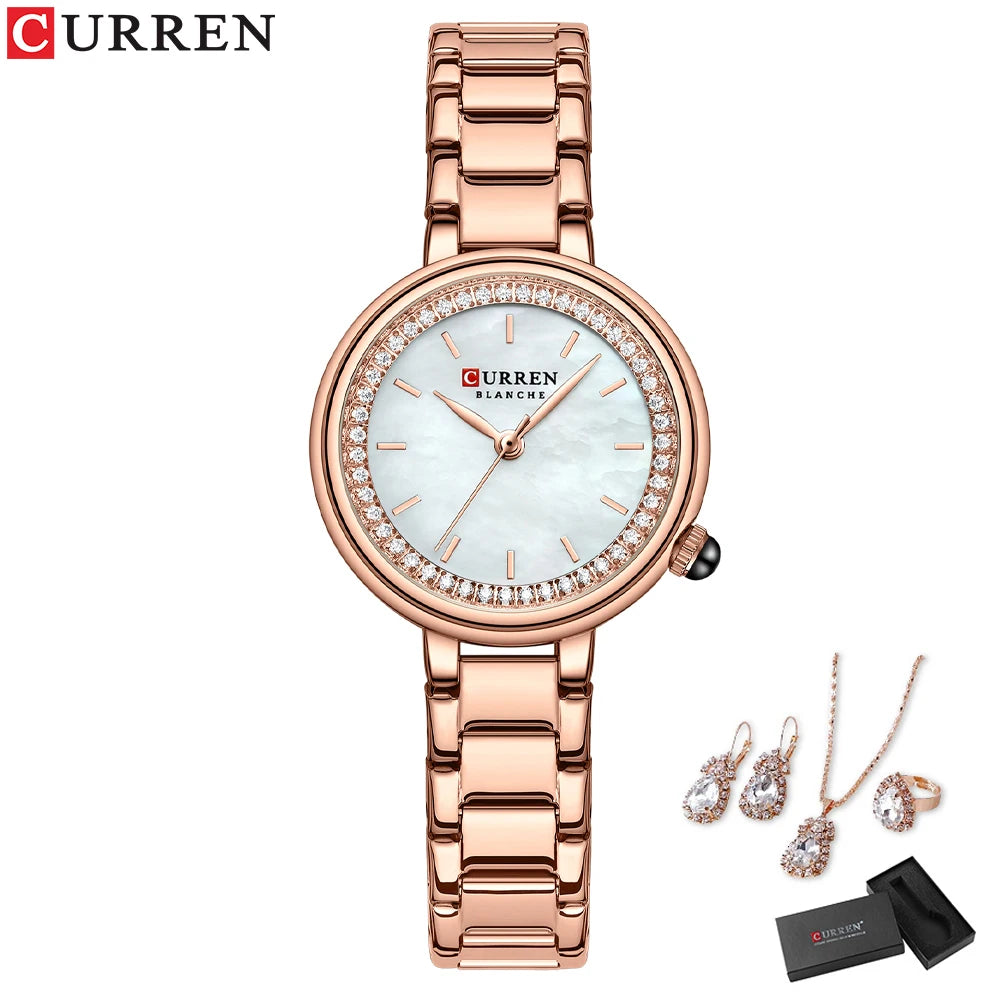CURREN Luxury Watch Women Ring Necklace Earrings Rhinestone Fashion Wristwatch Female Casual Ladies Watches Bracelet 5PCS Set