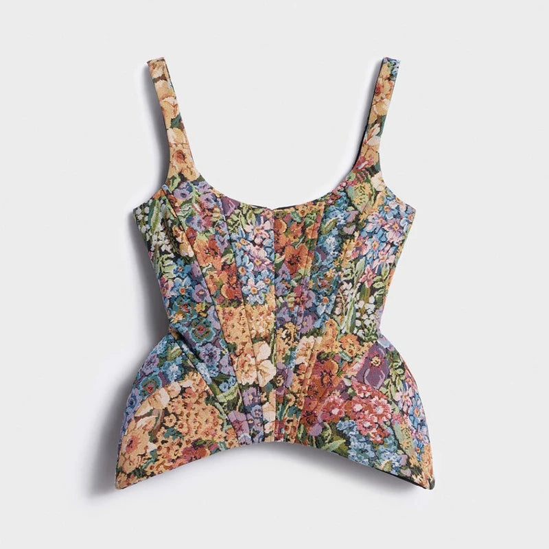 Women Top Floral Printed Spaghetti Strap Corset Top U-Neck Fishbone Boned Cinched Waist Irregular Hem Retro Vacation Camisole