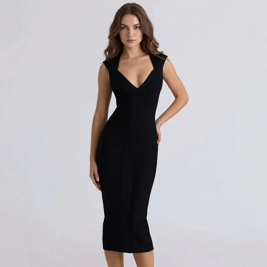 BEAUKEY Luxury Sexy Plunge V Bandage Long Dress Women Striped Bodyocn Party Celebrity Evening Dress Elastic Knitted Vestidos