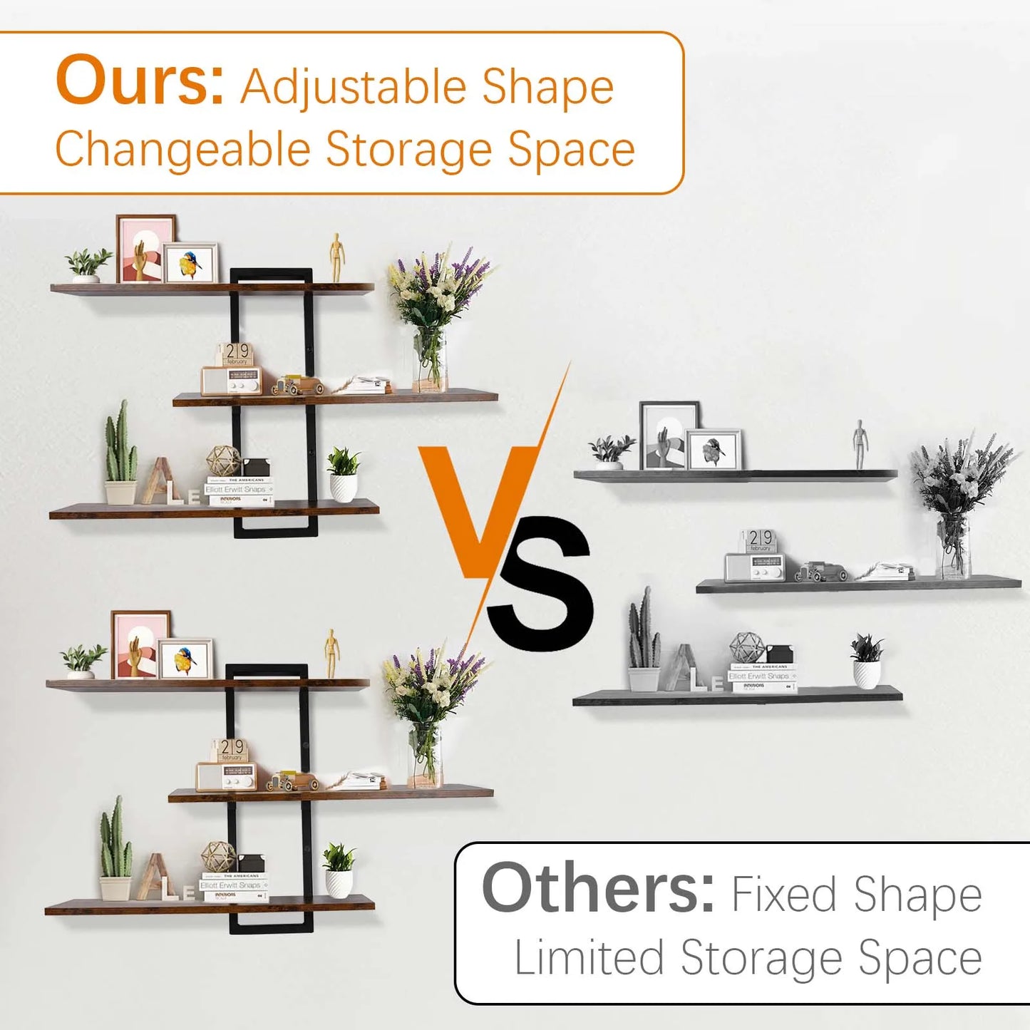 3-Tier Wall Mounted Floating Shelves, Wooden Hanging Storage Shelf Organizer for Bathroom, Bedroom, Kitchen & Home