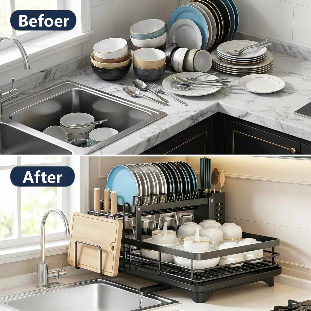 2-Tier Adjustable Kitchen Dish Drying Rack 360° Rotatable Drainage Tray Multi-Directional Spout Rust-Resistant Organizer