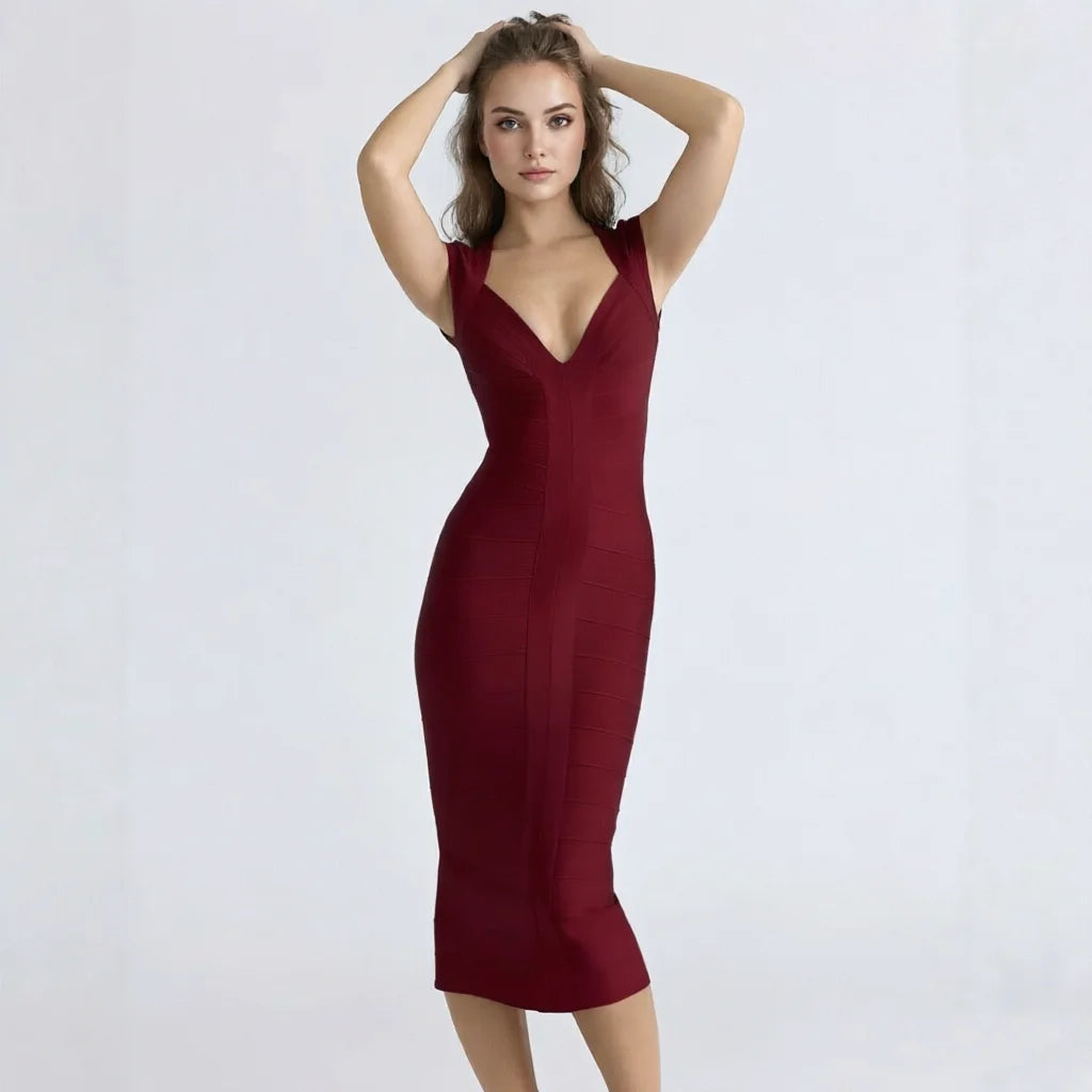 BEAUKEY Luxury Sexy Plunge V Bandage Long Dress Women Striped Bodyocn Party Celebrity Evening Dress Elastic Knitted Vestidos