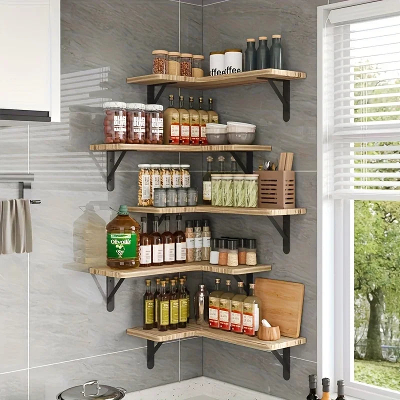 L-Shaped Floating Corner Wall Shelf Paulownia Wood Bathroom Kitchen Storage Rack 41x29x1.5cm