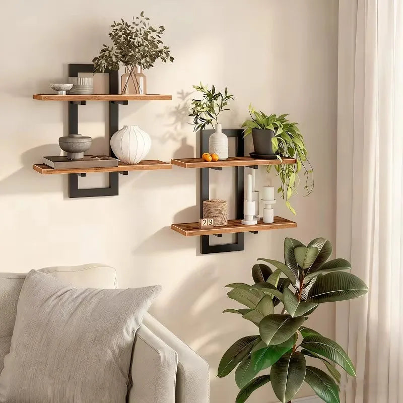 2 Tier Rustic Wood Floating Shelves With Sturdy Metal Frame Wall Shelf Organizer Rack For Living Room Bedroom Kitchen Bathroom