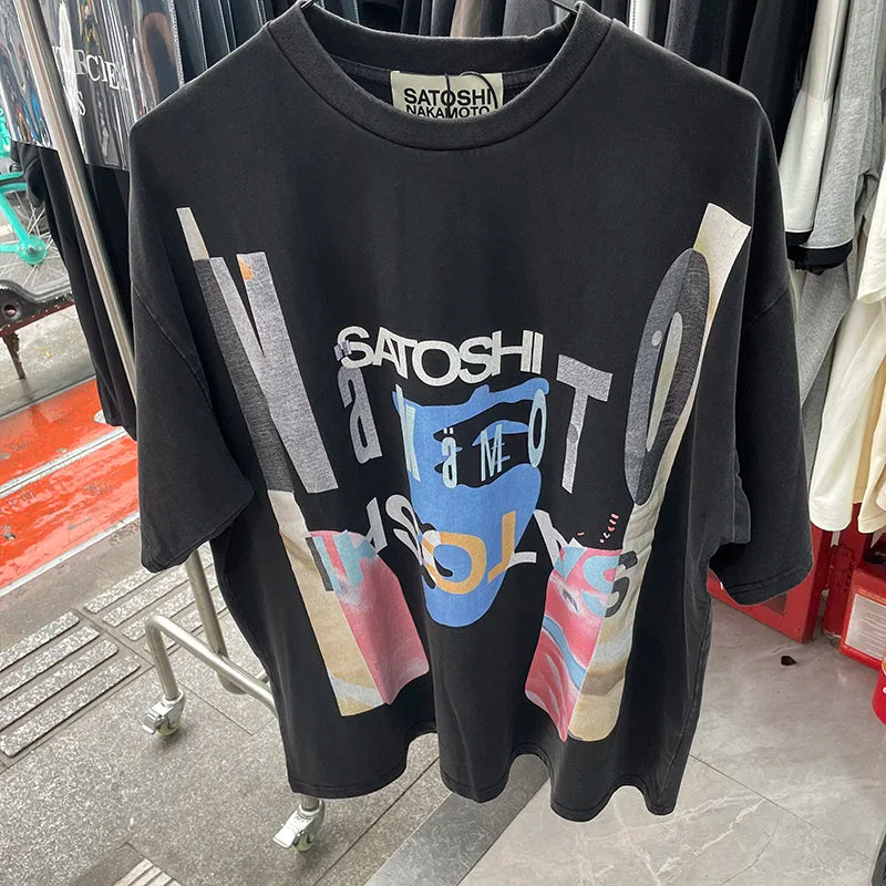 New Satoshi Nakamoto T Shirt Men Woman Fashion Crewneck Washed Damaged Hole Old Graffiti Top Tee Print Short Sleeve Streetwear