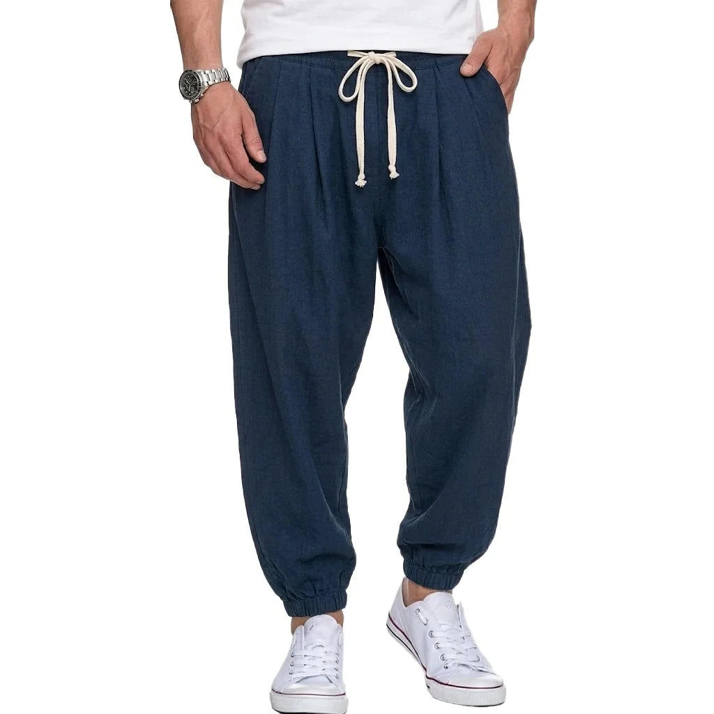 Mens Cotton Linen Trousers Casual Loose Fit Harem Pants Drawstring Bottoms for Spring Autumn Streetwear Joggers for Daily Wear