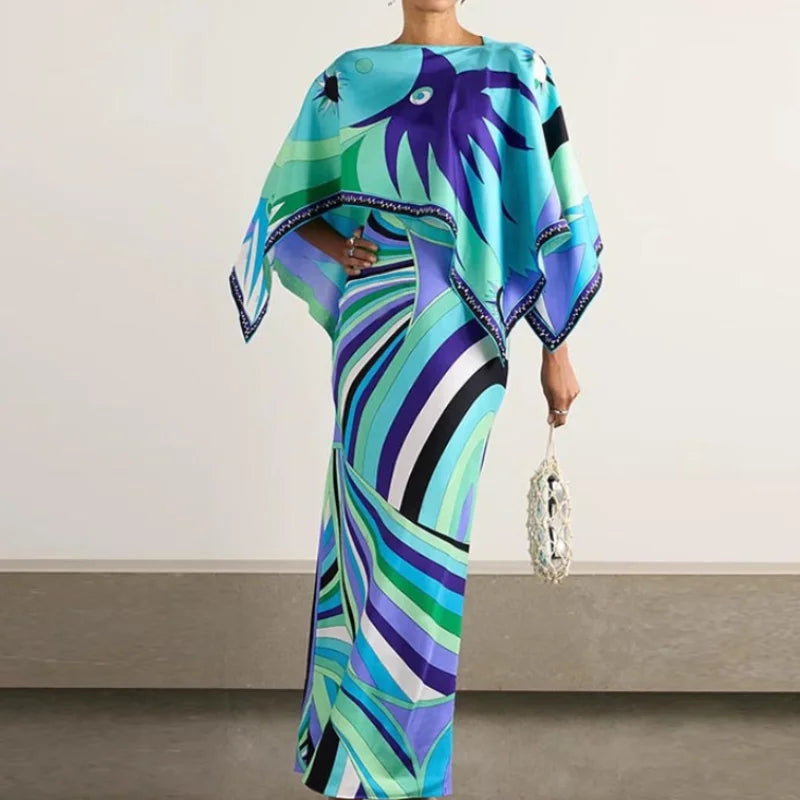 Women Tropical Leaf Print Cape Two Piece Set Batwing Loose Top High Waist Maxi Dress 2026 Summer Fashion Vacation Casual Suit