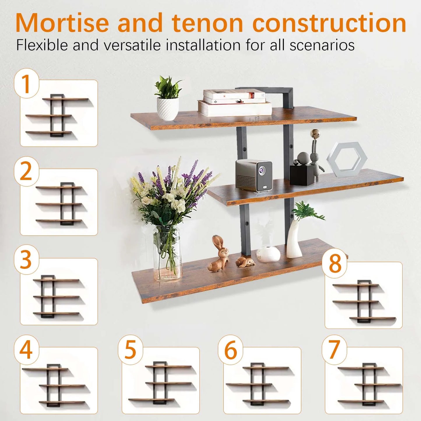 3-Tier Wall-Mounted Floating Shelves Wall Storage Adjustable Rack Wallmounted Display Stand Rustic Bath Bedroom Organizer Shelf Decor