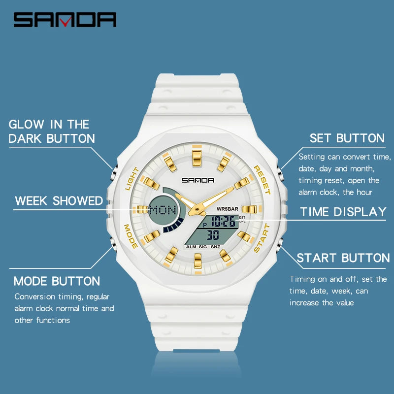 SANDA 2022 New Fashion Casual Quartz Women's Watches Luxury Digital Women Watch 5ATM Waterproof Female Clock Relogio Feminino