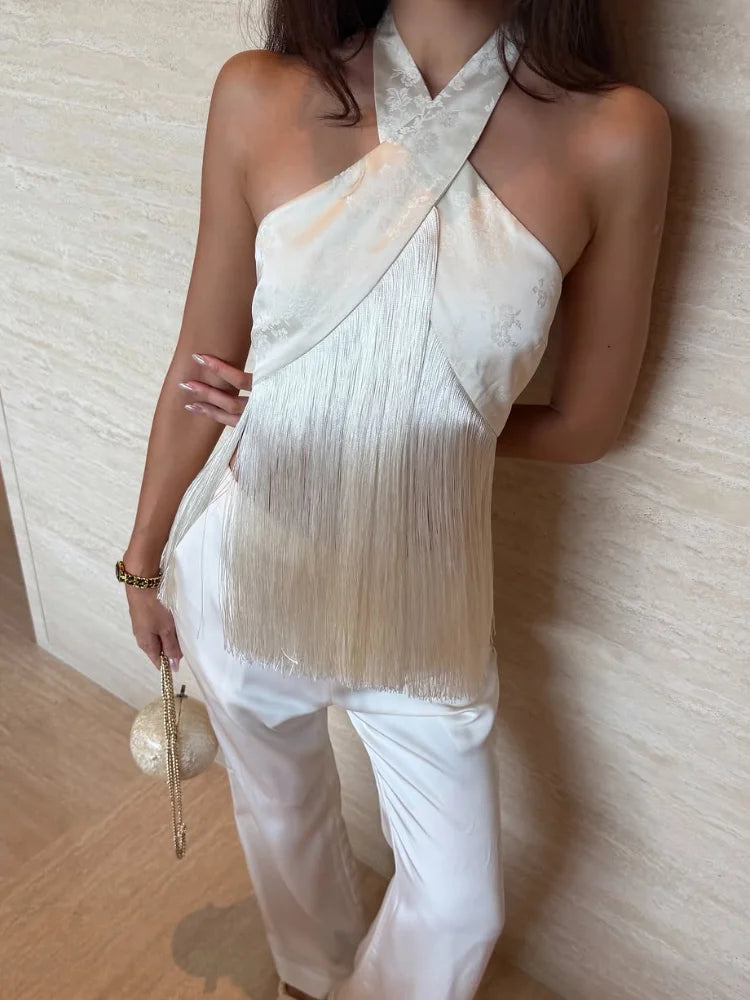Solid Satin Women Fringe Top Cross Halter Neck Sleeveless Off Shoulder Backless Fashion Crop Tank Tops 2026 Summer Chic Outfits