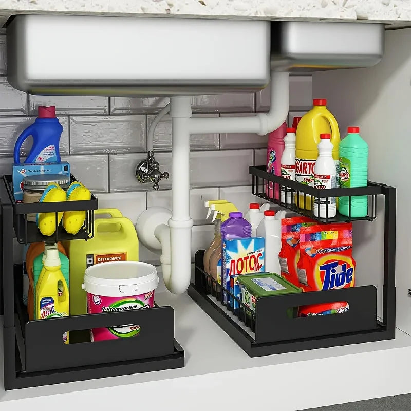 2-Tier Sliding Under Sink Organizer - Rustproof Metal Cabinet Storage for Kitchen and Bathroom Cleaning Supplies and Essentials