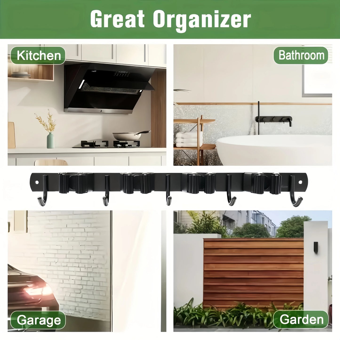 1 Heavy-Duty Metal Tool Rack with 4 Slots and 5 Hooks - Wall-Mounted Storage for Garden Tools, Brooms, Mops, and Garage Equipment, Tool Rack Storage, Black